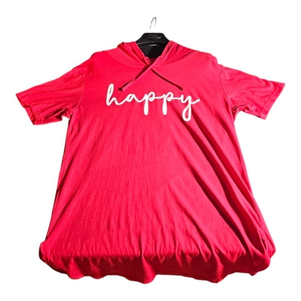 On Fire Hooded Graphic T-Shirt Womens 1X Red Excellent Short Sleeve Happy‎ Tee